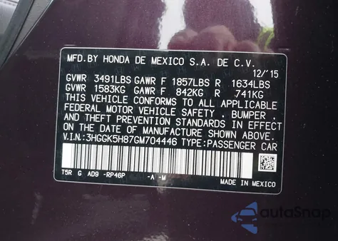 2016 Honda Fit Ex-L from USA, damaged, VIN 3HGGK5H87GM704446